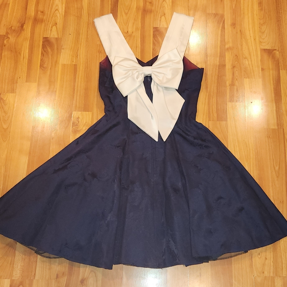 Vintage Jump Navy Blue Mini Dress With A White Bow On The Back